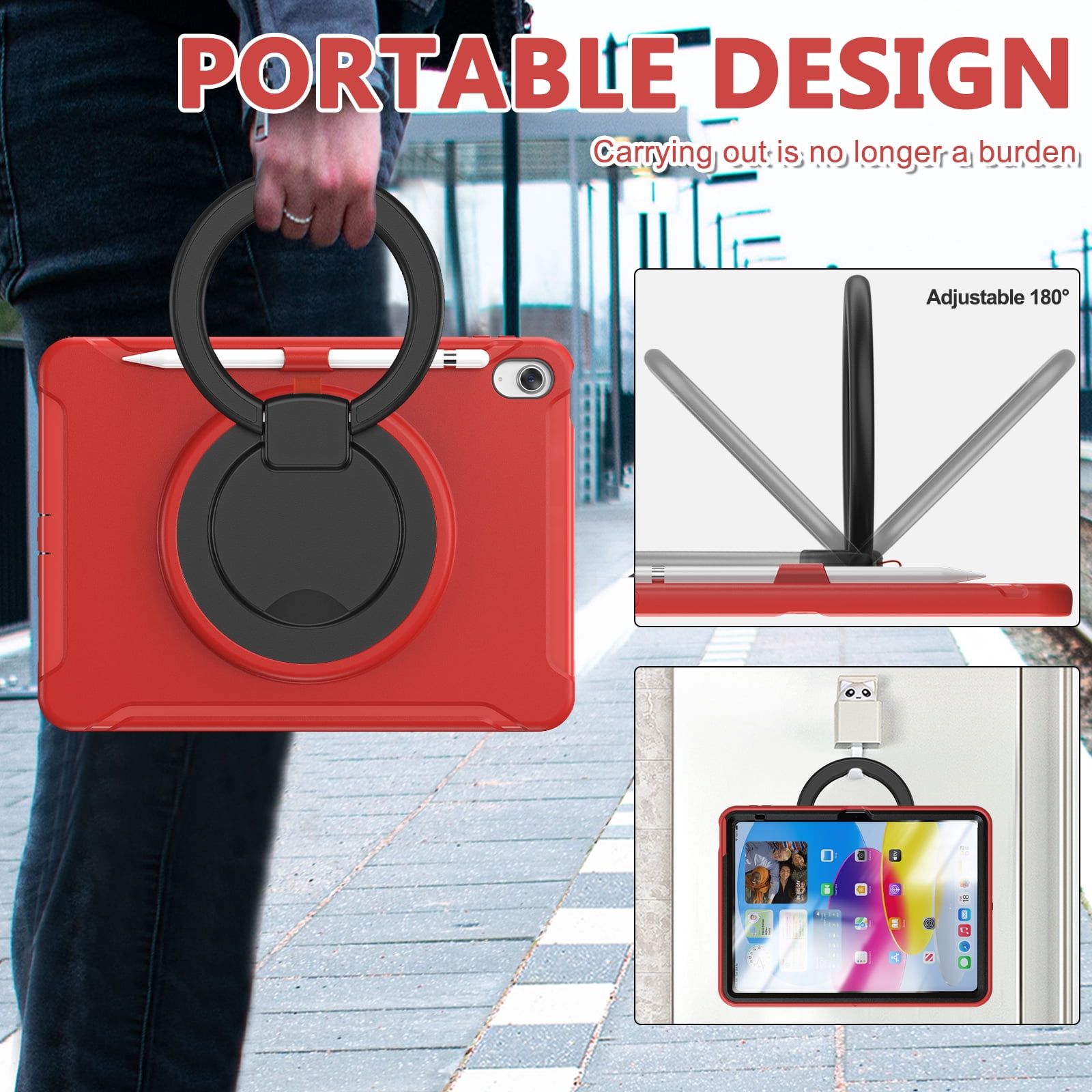 TECH CIRCLE for Apple iPad 10th Generation Case 10.9 inch 2022,360 Rotation Stand Heavy Duty Shockproof Rugged Soft Silicone Protective Case with Pencil Holder for Kids Girls Women,Red
