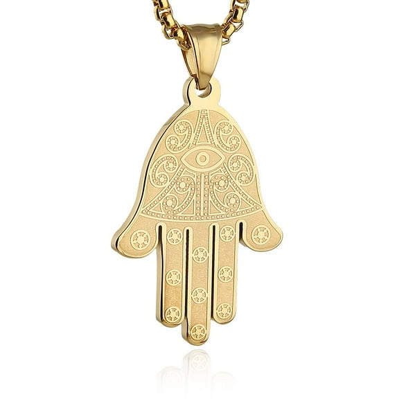 HZMAN Stainless Steel Egyptian Eye Fatima Hamsa Hand Pendant Necklace Success and Protection Lucky (Gold)