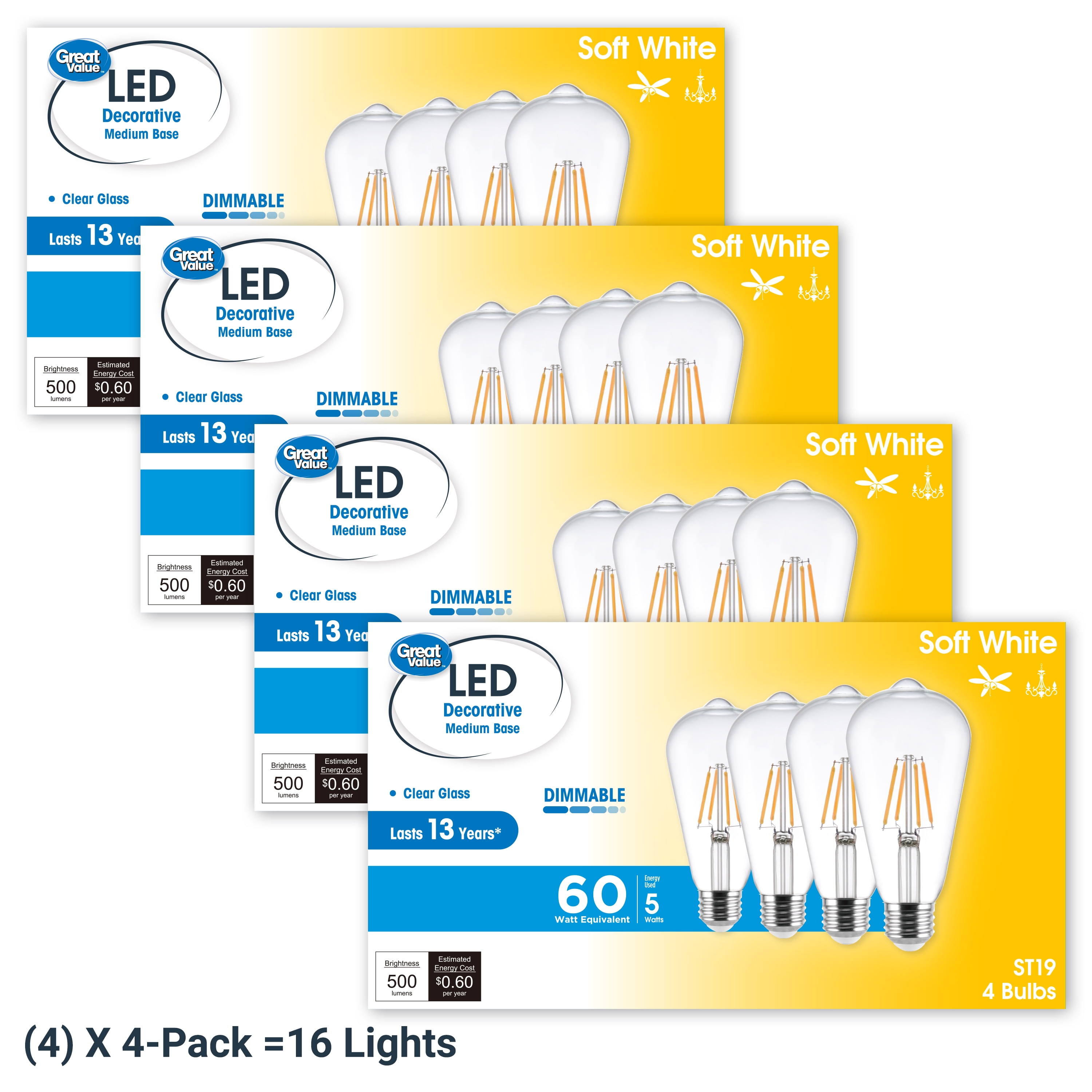 Great Value ST19 Vintage LED Light Bulb, 5-Watt (60W Equivalent), Soft White, Dimmable, E26, 16 Pack