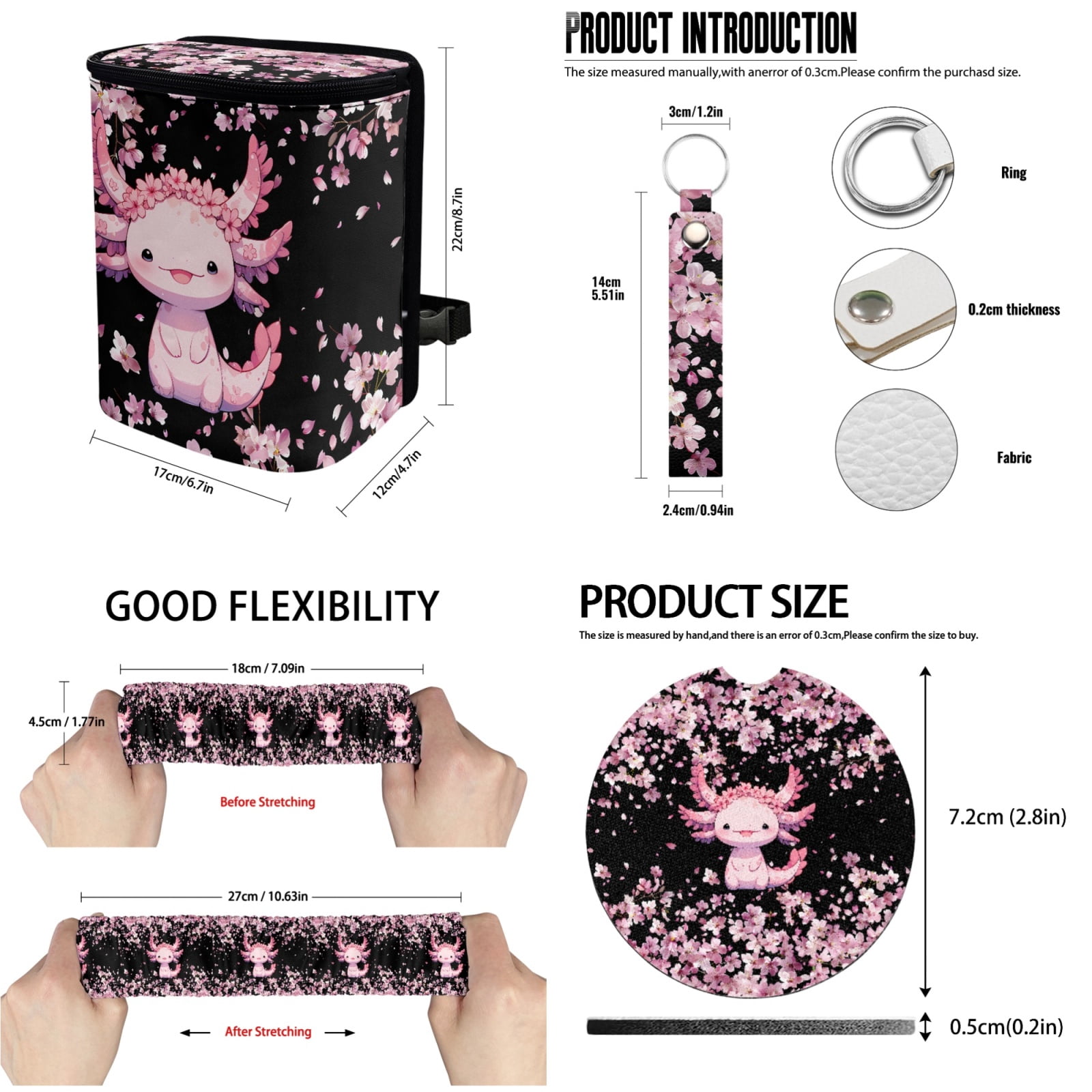 Jeiento Axolotl 13 Pcs Interior Automotive Accessory Set with Car Seat Covers Steering Wheel Cover Car Seatbelt Cover Pink Cherry Blossom Trash Can Car Rear View Mirror Cover Coasters Keychains
