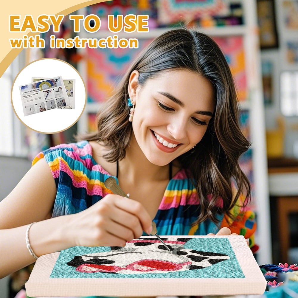 Polyester Cotton Punch Needle 8Folded Yarns Embroidery Kits Included Threader Cotton Thread Punch Needle Thread Clips 3.5MM Wooden Needle Dog