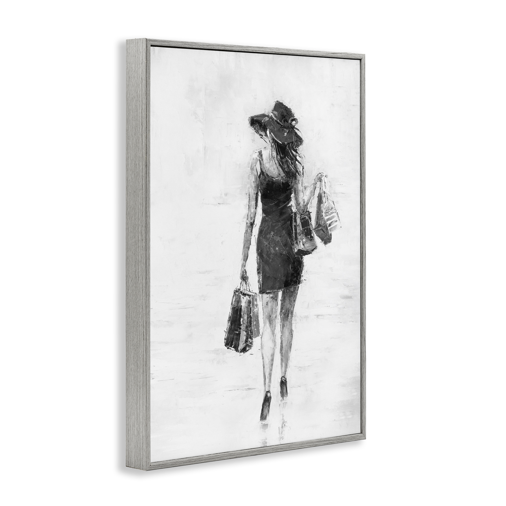 Stupell Industries Glam Shopper Girl Novelty Painting Gray Framed Art Print Wall Art, 12 x 18
