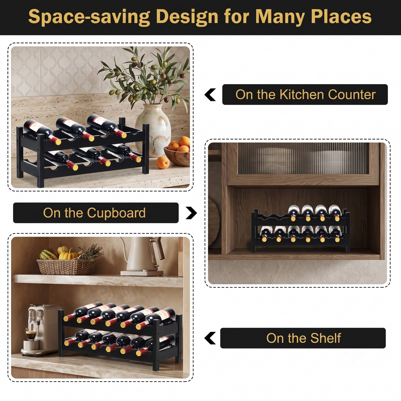 RUIE 2-Tier Bamboo Wine Rack, 12-Bottle Freestanding Countertop Storage Shelf for Kitchen Pantry Bar Wine Cellar, Space-Saving Wooden Bottle Holder Display, Black