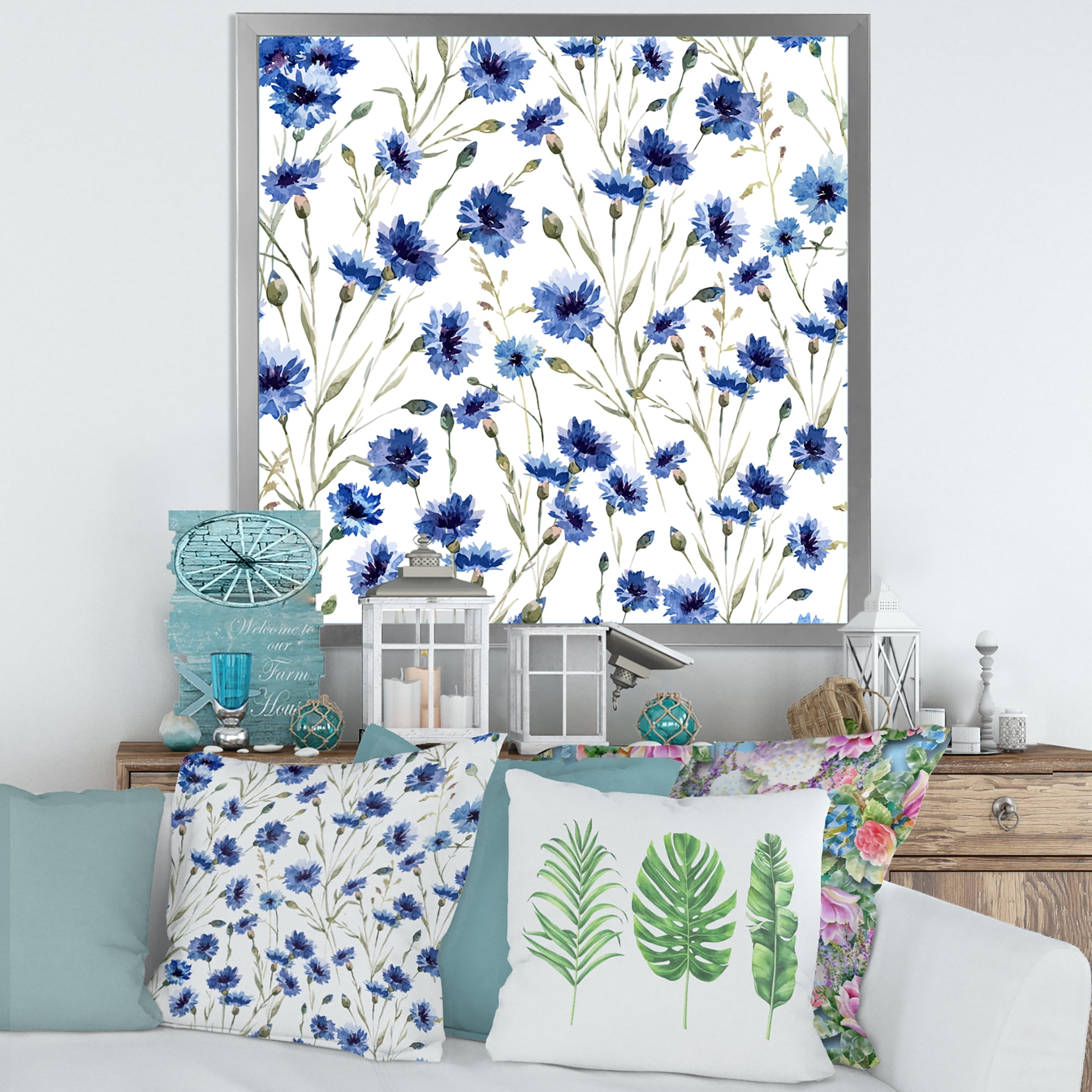 Designart 'Blue Wildflowers With Green Leaves On White' Traditional Framed Art Print