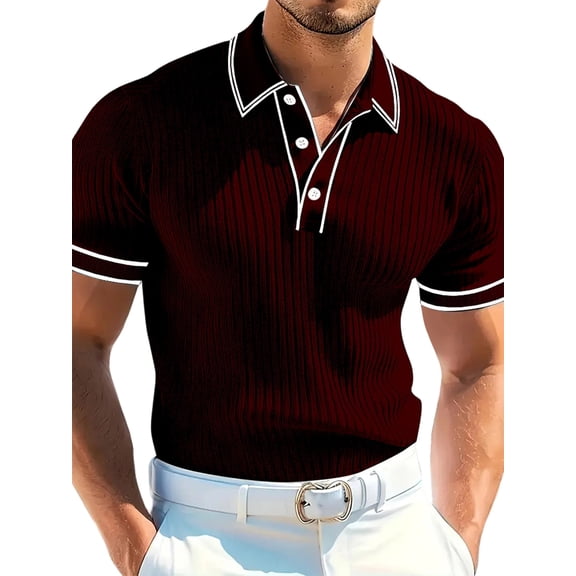 Men'S Regular Fit Knit Po-Lo Shirts Short Sleeve Color Blocking Stretch Golf Shirts Wine Red XXL