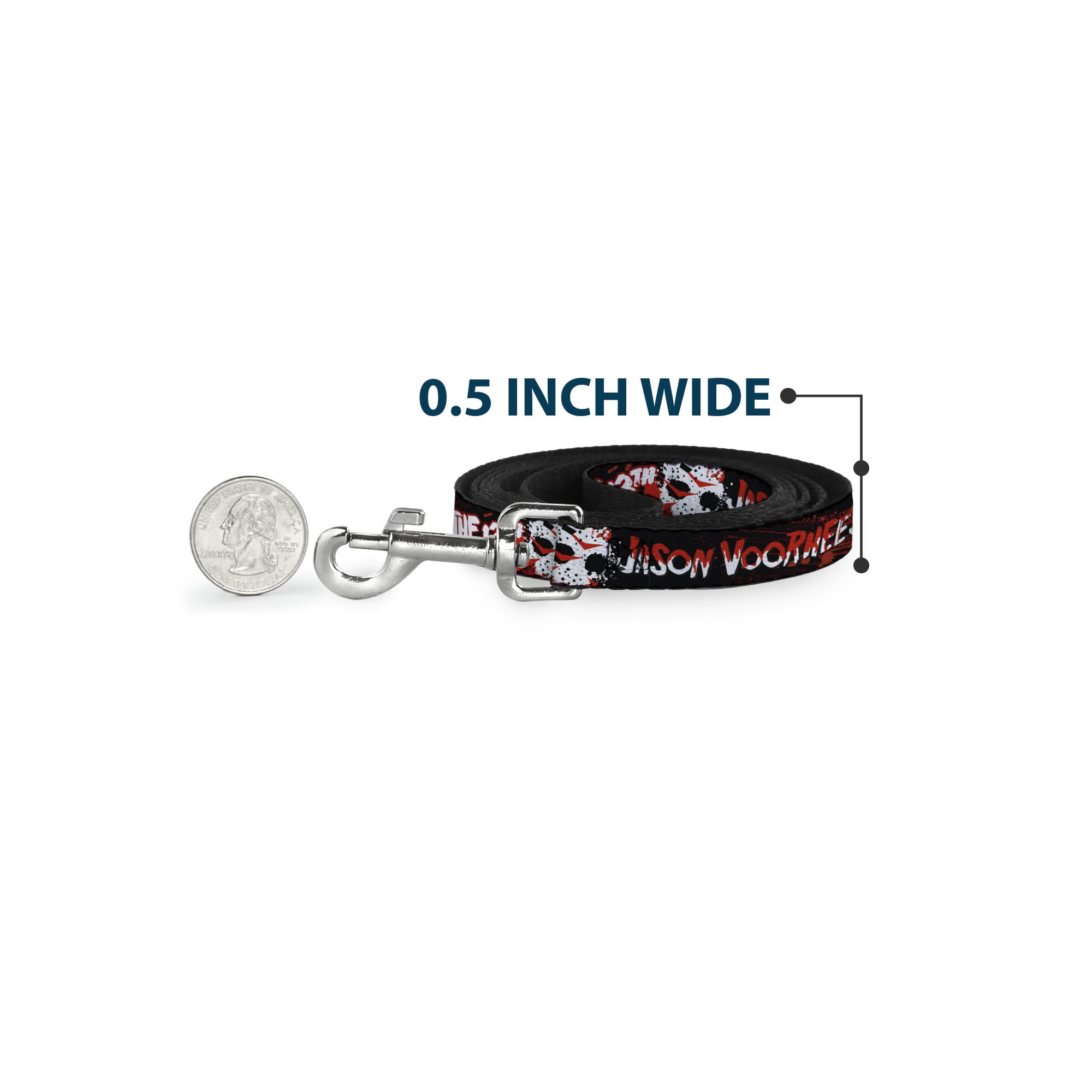Warner Bros. Horror Movies Pet Leash, Dog Leash, Friday the 13th Jason Voorhies Mask Text Black Red White, 6 Feet Long 1.0 Inch Wide