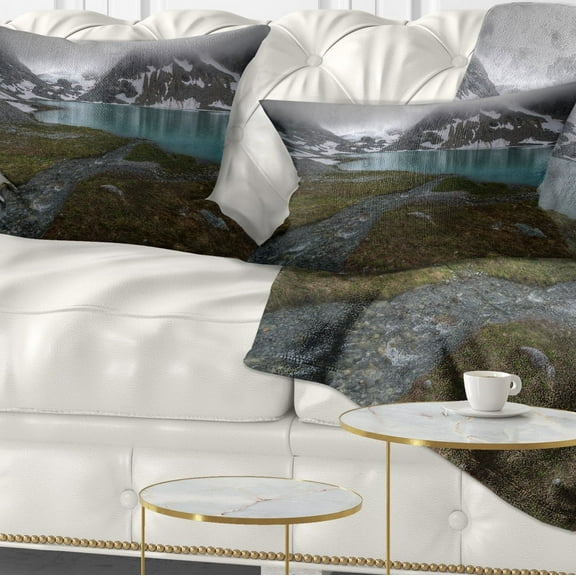 Designart Turquoise Mountain Lake with Clouds - Landscape Printed Throw Pillow - 12x20