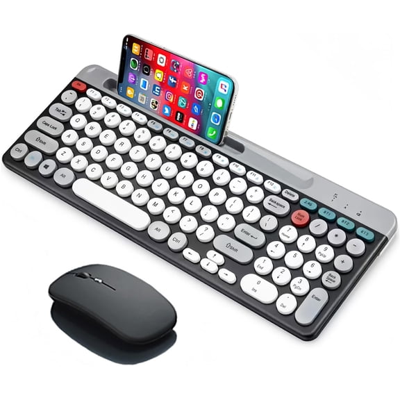 Wireless Keyboard and Mouse Combo with Phone Tablet Holder, Rechargeable Dual-Mode (Bluetooth 5.0 and 3.0 2.4G) Multi-Device Silent Mouse for Windows, iPad, Tablet, MacOS,iOS,Android (White Grey)
