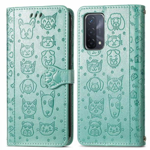 Funda Cartera FOXDOCK para OPPO A54 5G , Flip PU con Relieve de Gatos y Perros, Tarjetero y Soporte