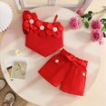 thumbnail image 2 of KPOPLK Toddler Girls Summer Clothes Outfits Set Ruffle Camisole Strap Print Tops and Casual Ruffle Hem Shorts Girls Clothing 2pcs for 12 Months to 5 Years(2-3 Years,Red), 2 of 9