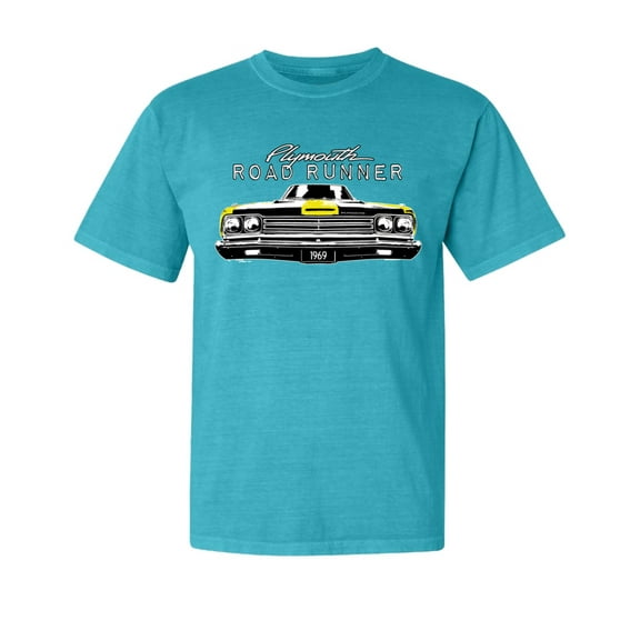 Wild Bobby, 1969 Plymouth Road Runner Hot Rod Racing, Cars and Trucks, Garment-Dyed Washed Look Short Sleeve Tees, Blue Lagoon, Small