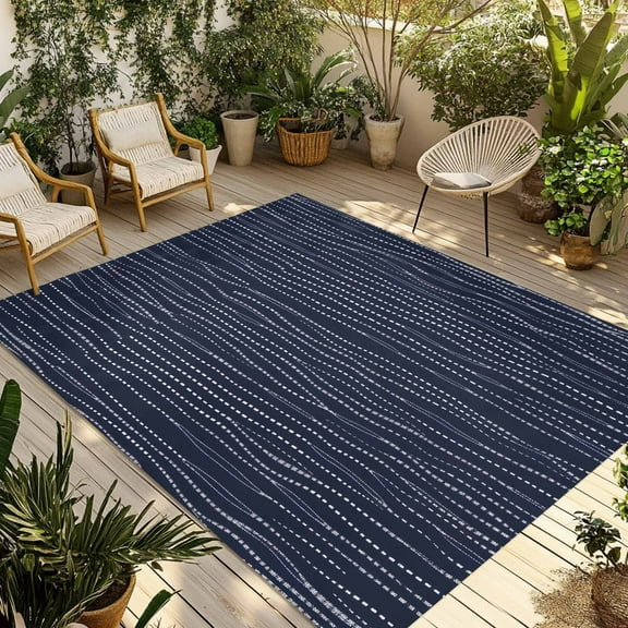 Fsddascl Navy Blue Striped Outdoor Rug for Patio/Deck/Porch, Non-Slip Large Area Rug 4 x 6 Ft, Modern Moire Farmhouse Stripe Indoor Outdoor Rugs Washable Area Rugs, Reversible Camping Rug Carpet