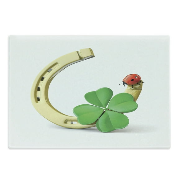 Clover Cutting Board, Luck Composition with Horseshoe Ladybug and Shamrock, Decorative Tempered Glass Cutting and Serving Board, in 3 Sizes, by Ambesonne