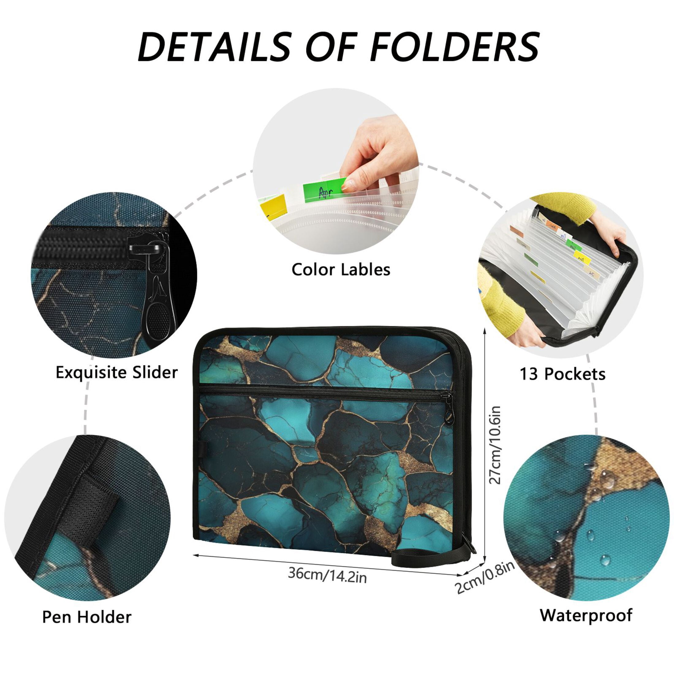 WOBOGO Gild Dark Green Marble Expanding File Folder Letter Size Accordion Filing Organizer 13 Pocket Separate Organ Pocket