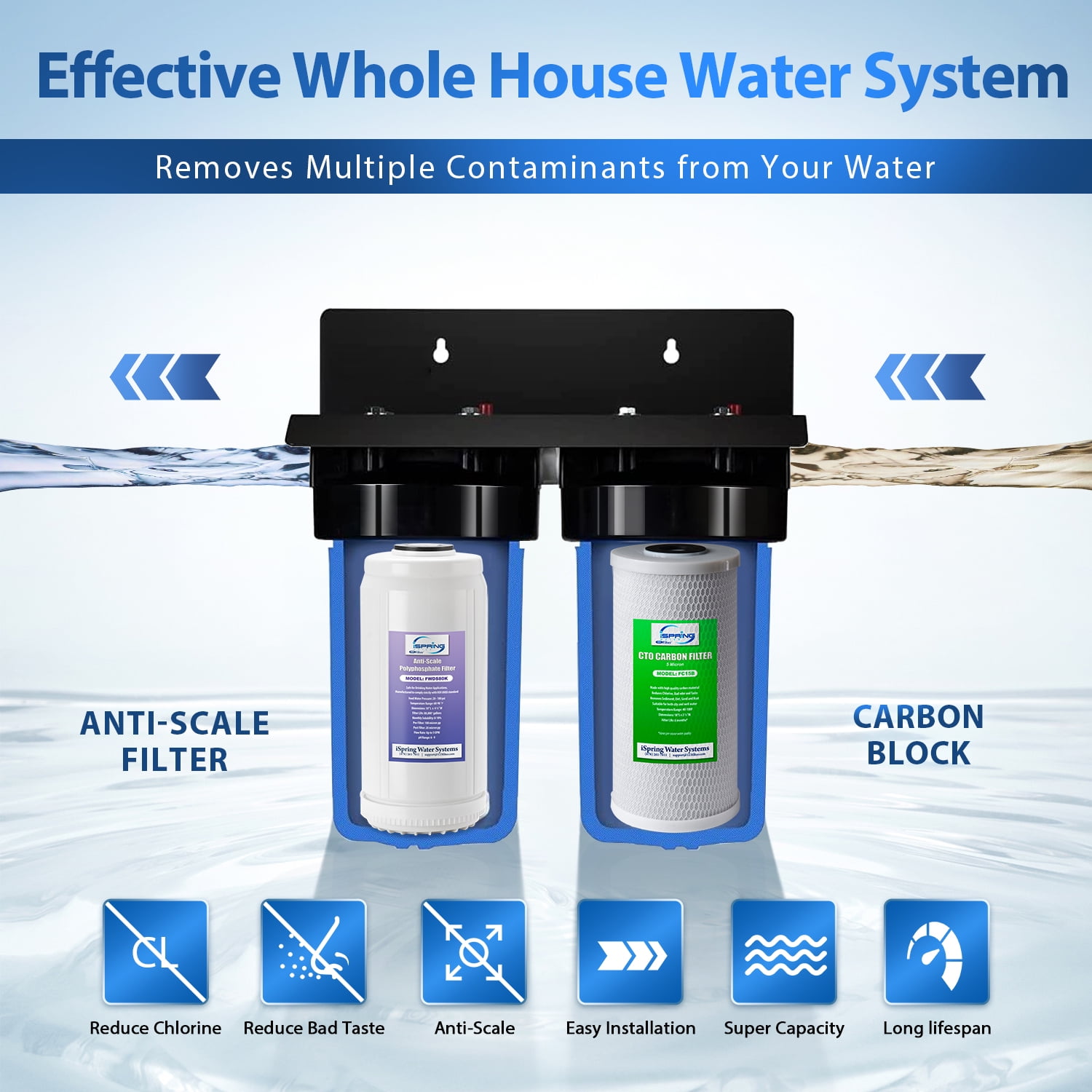 iSpring WGB21B-DS 2-Stage Whole House Water Filtration System, with 10" x 4.5" Sediment CTO(Chlorine, Taste, and Odor) Filter, Anti-scale polyfilter, 1" Inlet/Outlet