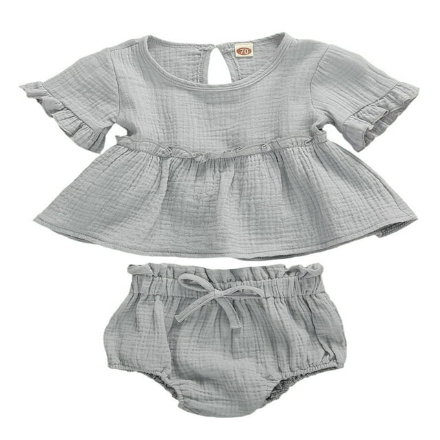 2pcs Newborn Infant Baby Girls Clothes Solid Ruffle T Shirt Tops+Shorts Outfits Purple 0-6 Months