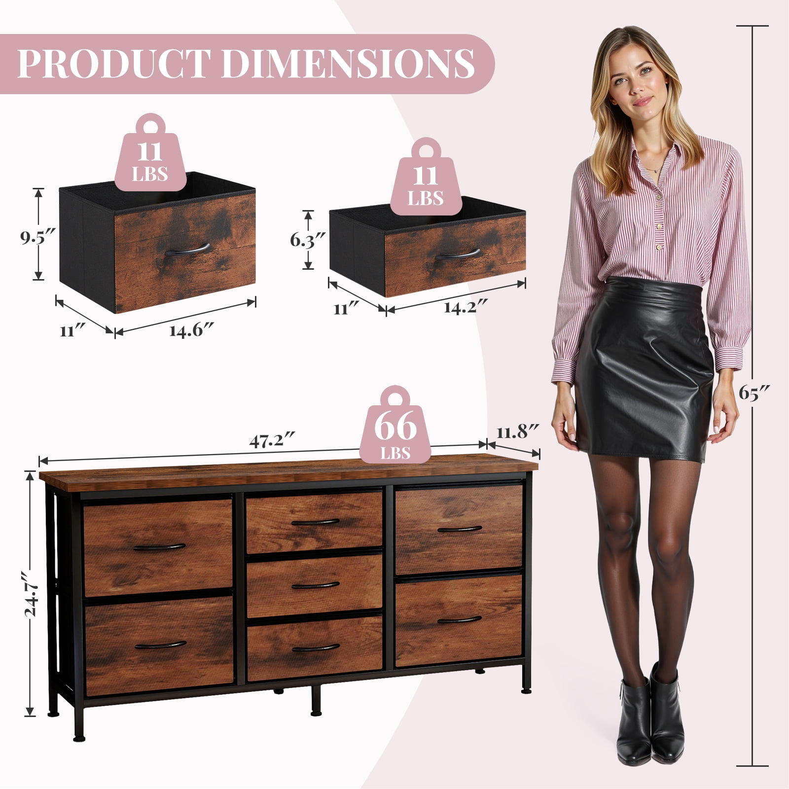 Dresser, Betcozy Storage Organizer with 7 Drawers for Bedroom, Chest of Drawers with Fabric Bins, Sturdy Metal Frame, Wood Tabletop for Guest Room, Closet, Entryway, Nursery, Rust