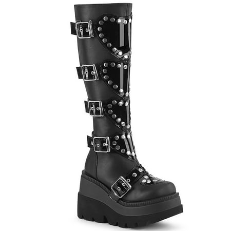 

Demonia SHAKER-210 Women s 4 1/2 Wedge Platform Knee High Boots with Studded Heart Shiled