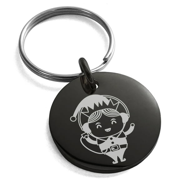 Black Stainless Steel Music Elf Engraved Small Medallion Circle Charm Keychain Keyring