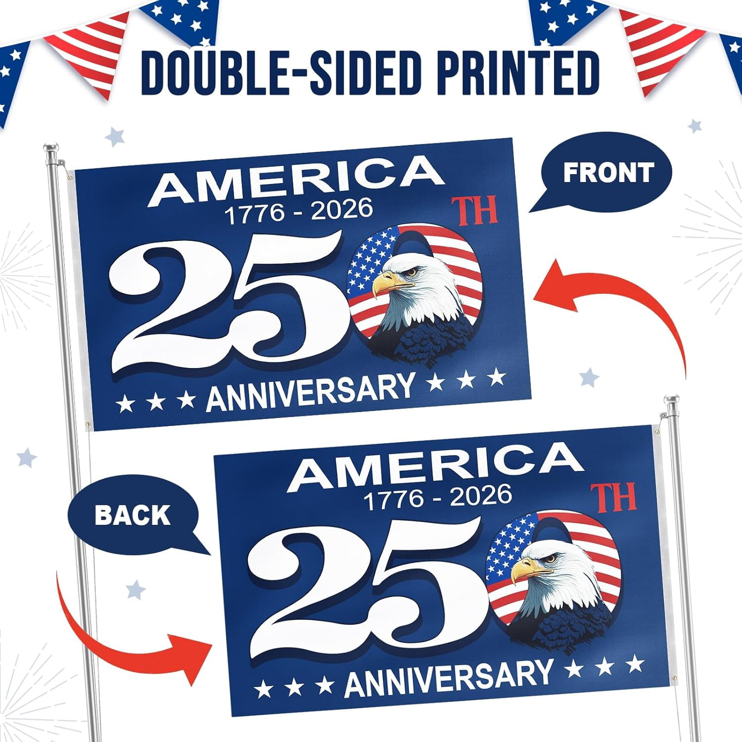 America 250 Anniversary Flag - 3x5 Ft Double Sided 3 Layers Patriotic Garden Flag, 4th of July Decorations for US 250th Celebration, America 250 Merchandise, Commemorative 1776-2026, Indoor Outdoor