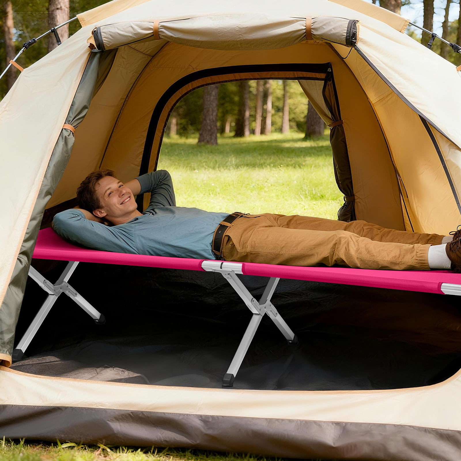 Portable Folding Camping Cot, Premium Aluminum Tube Oxford Fabric Cot, Lightweight Space Saving Cot with Carrying Bag, Pink Camping Cot for Outdoor Camping Activities
