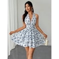 thumbnail image 3 of Blue And White Floral Print Halter Neck Sleeveless Fit & Flare Mini Dress For Women, 3 of 8
