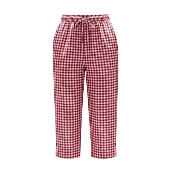 CQONEPT Women's Linen Loose Capris Pants Elastic Waist Cropped Pant Drawstring Casual Plaid Trousers with Pockets Red S