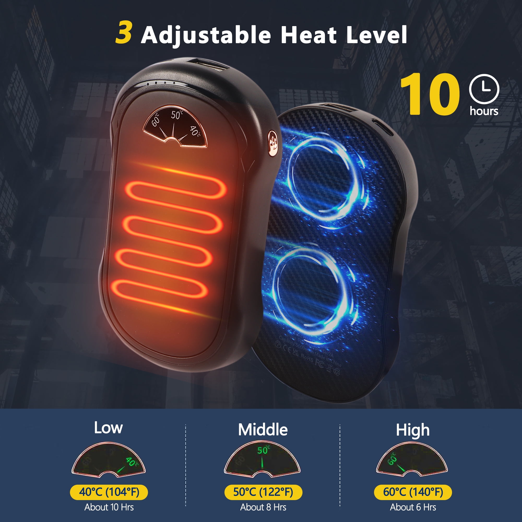 Hand Warmers Rechargeable 2 Pack, BUSATIA 10000 mAh Hot Hand Warmers , Electric USB Rechargeable Portable Hand Warmer, Reusable Hand Warmer for Camping, Fishing, Skiing, Hiking