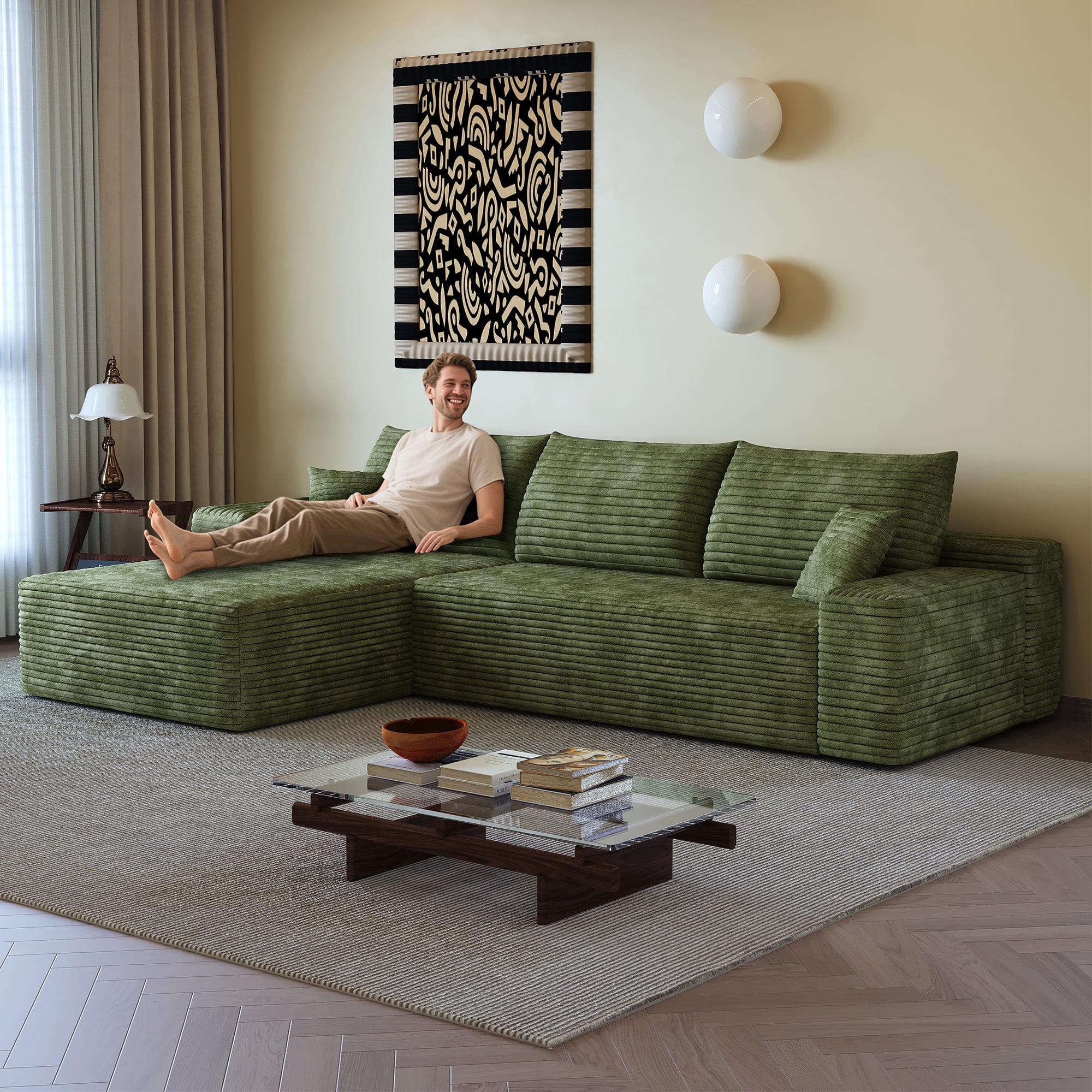 MAYEERTY 107" Cloud Sectional Couch with L-Shape Chaise, Modern Modular Deep Seat Sofa, No Assembly Plush Corduroy Fabric, Green (2 packages)