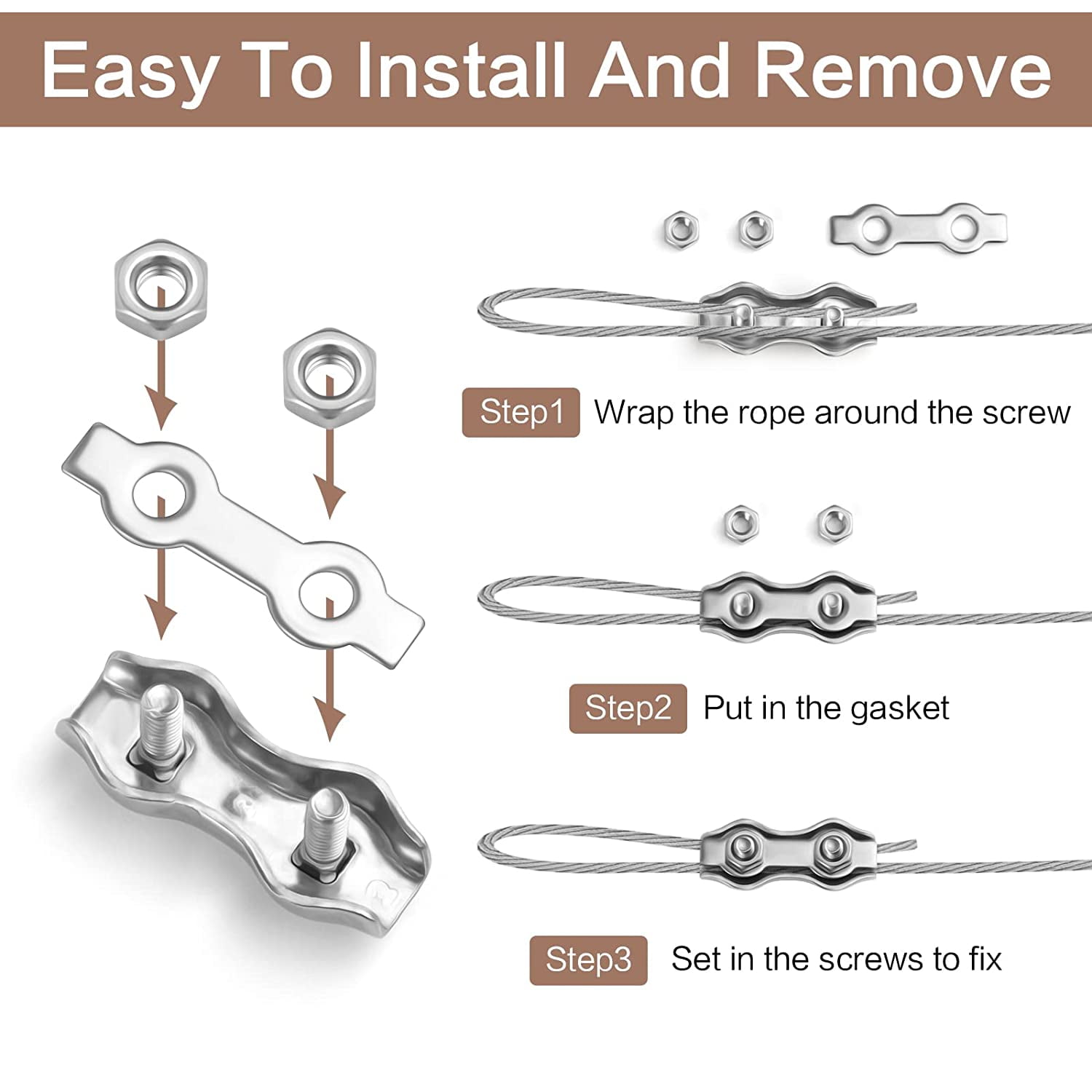 10Pcs Wire Rope Cable Clip, M3 Duplex Wire Rope Grips Stainless Steel Cable Clamp Clips For Wire Cable