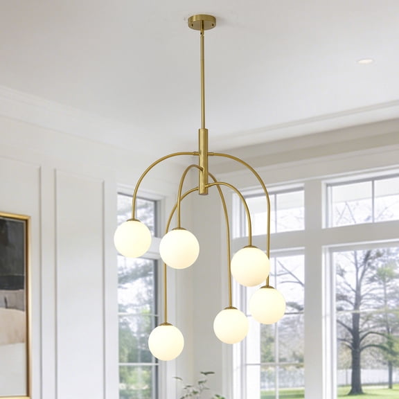 6-Light Gold Sputnik Chandelier,Mid Century Modern Chandelier with Milk Glass Shades,Large Pendant Light Fixture for Dining Room Kitchen Island