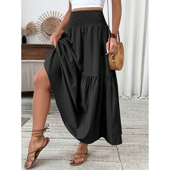 Women's Casual Ditsy Floral Maxi Skirt, Elastic Waist, Pockets, Ruffle Hem, A-Line