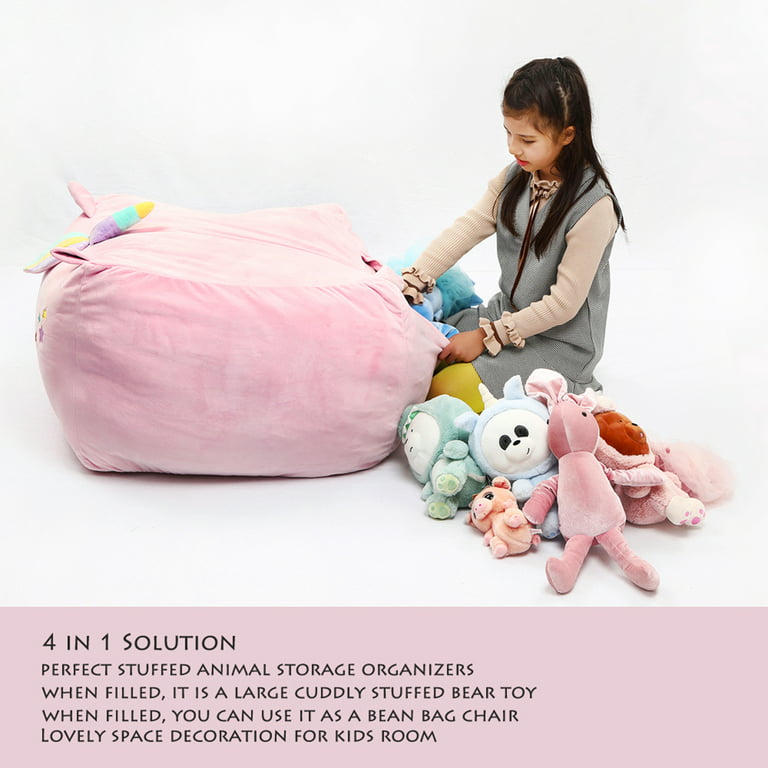Yoweenton Unicorn Bean Bag Chair for Girls Room Decorations, Kids Stuffed Animal Storage Velvet Extra Soft, Large Size 24x24 inch (Cover Only