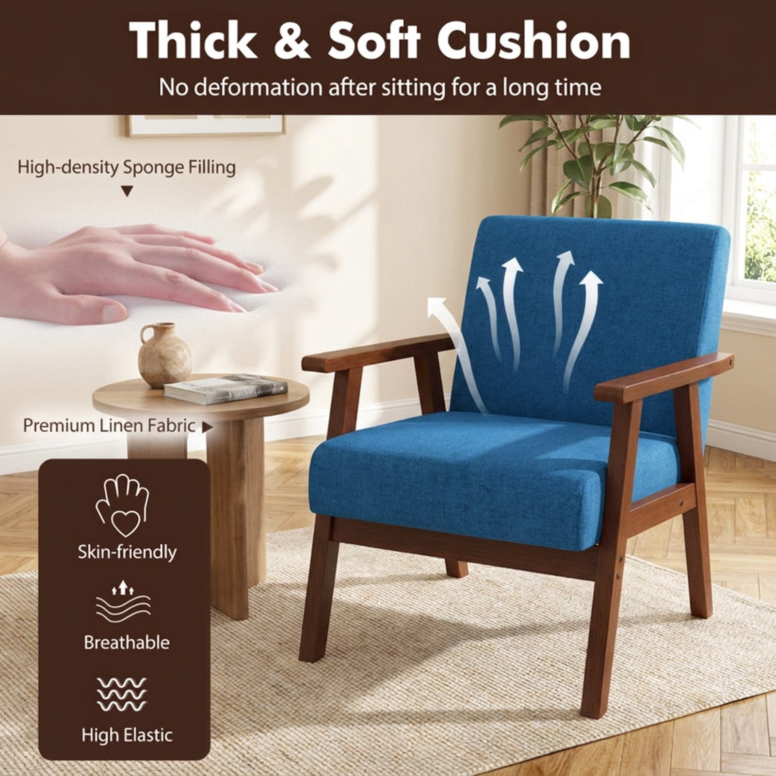 Furnibear Linen Accent Chair with Soft Padded Seat Ergonomic Backrest and Solid Rubber Wood Frame for Living Room and Bedroom, Blue