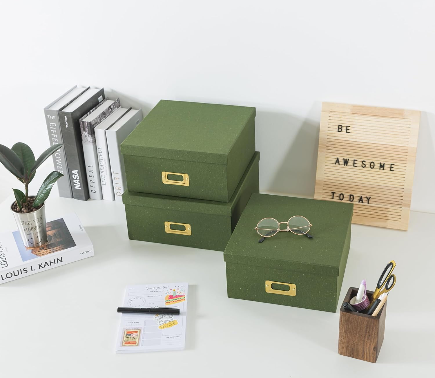 Square Stacking Boxes with Lids and Gold Label Holders, Decorative Photo Storage, Nesting Cardboard Set for Decor and Organizing