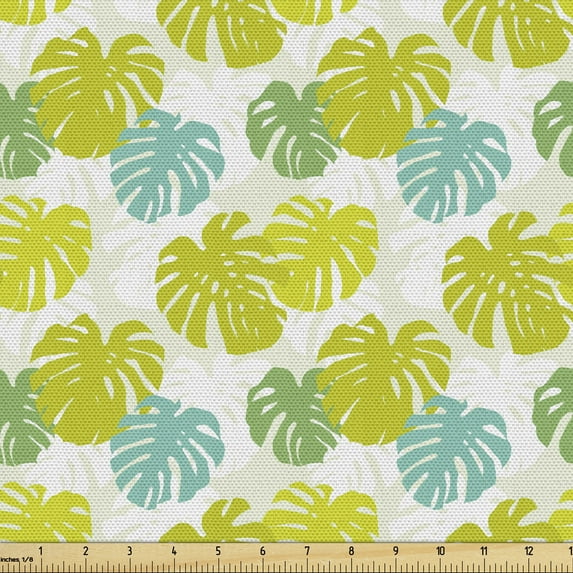 Floral Sofa Upholstery Fabric by the Yard, Repetitive Monstera Leaves Calming Green Tones Illustration Exotic Island, Decorative Fabric for DIY and Home Accents, Yellow Green Seafoam by Ambesonne