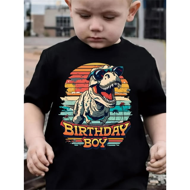 Kids' Dinosaur Birthday T-Shirt, 100% Cotton Crew Neck Short Sleeve Top, Casual Cartoon Print, Medium Stretch, Regular Fit for Children - SCKMEU