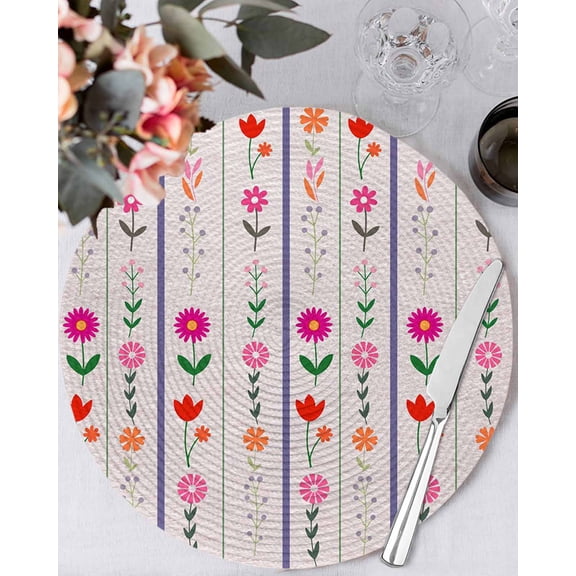 15 Inch Round Placemats Set of 4, Purple Pink Spring Floral Non Slip Heat Insulation PP Table Mats, Colorful Summer Flowers Botanical Washable Place Mats for Kitchen Dining Party Table Decor