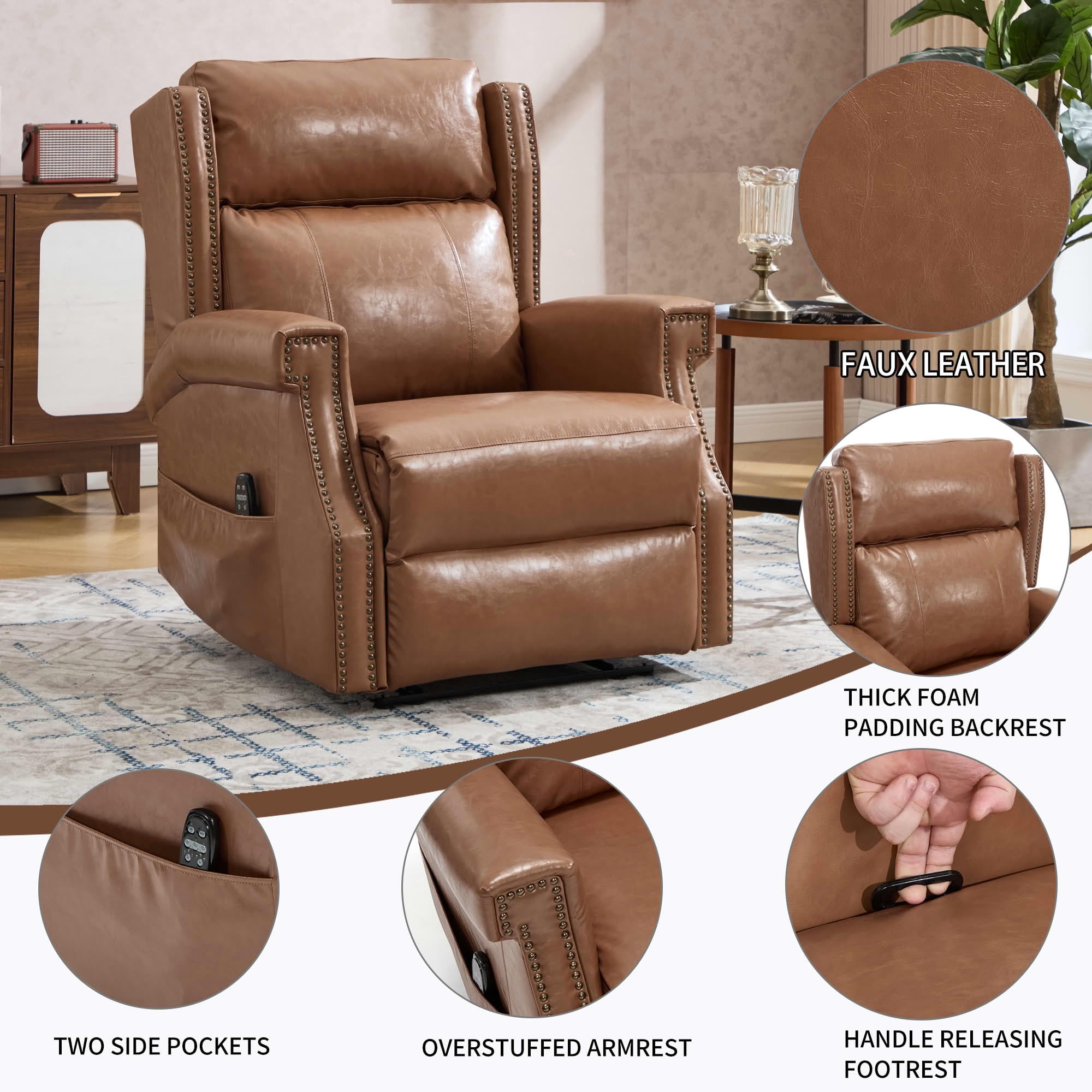 MAYEERTY Camel Faux Leather Manual Recliner Chair, 8 Nodes Massage Heat 155° 35"x38"x40" for Living Room