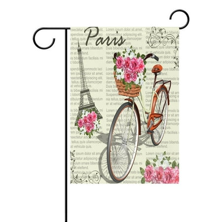 Outdoor Eiffel Tower POPCreation Newspaper Bicycle Paris Eiffel Tower Garden Flag Flower Outdoor Flag Home Party 28x40 inches ()