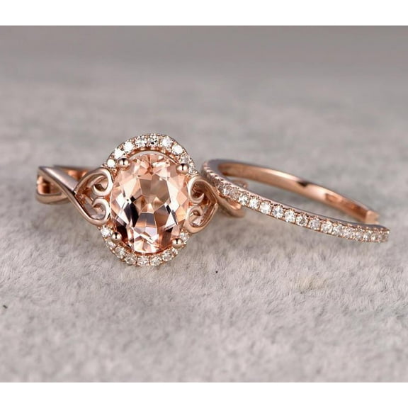 1.50 Carat Morganite And Diamond Moissanite Wedding Bridal Ring Set One Engagement Ring And Matching Wedding Band With 18K Rose Gold Plating