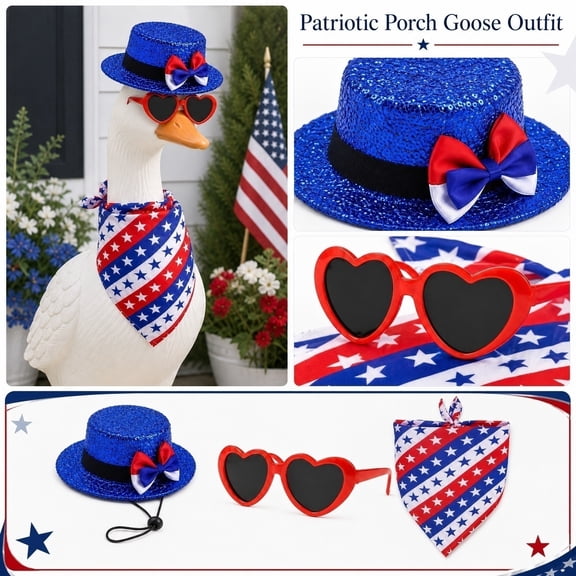 Porch Goose Outfit for 4Th of July, 4Th of July Patriotic Yard Decor, Patriotic Decorations, 4Th of July Accessories, Complete 3-Piece Set with Us Flag Printed Star Bandana, Blue