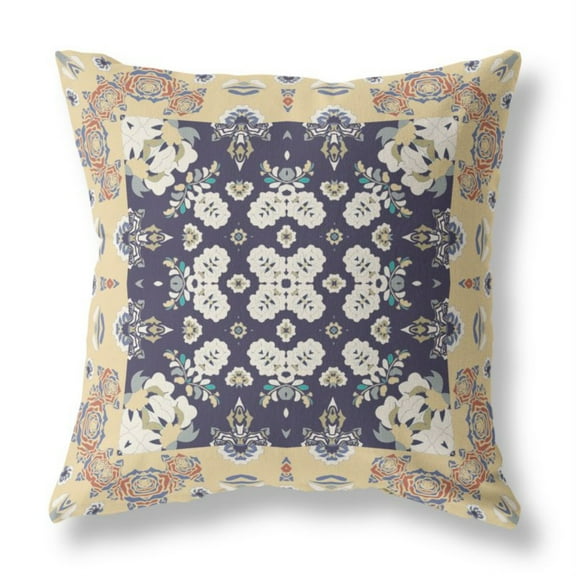 Rose Box Indoor/Outdoor Fabric Pillow with Zip in Yellow Navy Blue 16x16