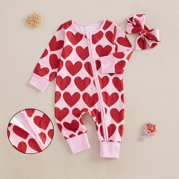 Valentines Baby Girl Outfit Long Sleeve Heart Print Zipper Romper Jumpsuit with Headband Set Cute Girl Outfits Baby Girl Clothes 0-3 Months
