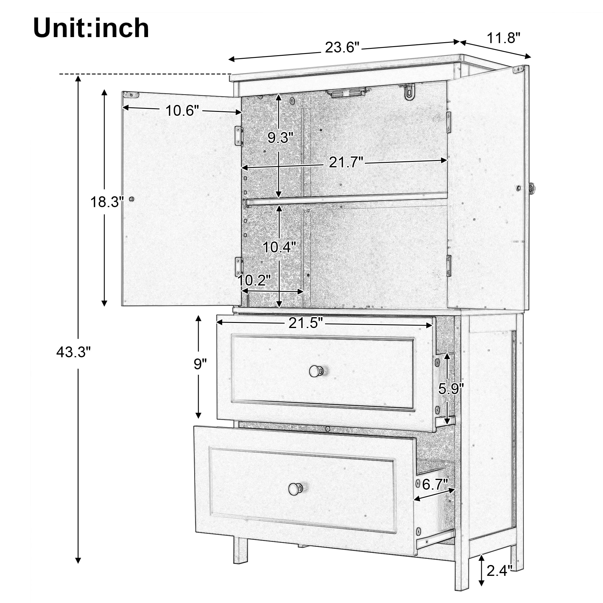 EUROCO Bathroom Floor Storage Cabinet,Bathroom Storage Unit,Freestanding Cabinet with 2 Drawers and 2 Doors,Adjustable Shelf,11.8 x 23.6 x 43.3 Inches,White