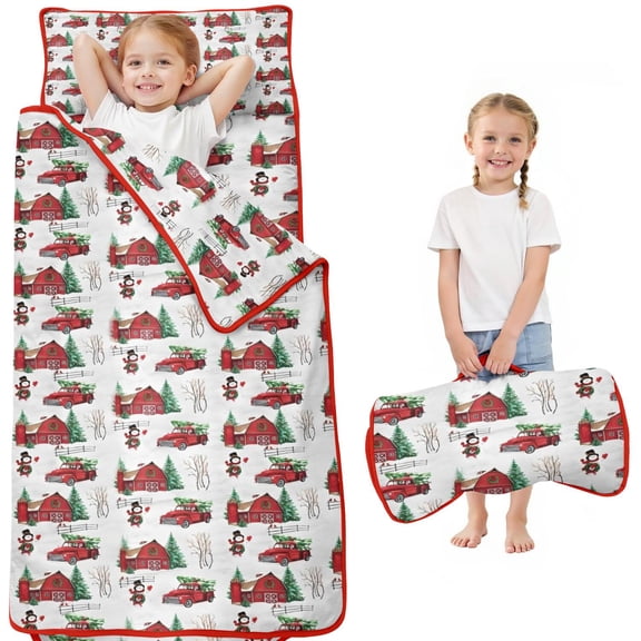 Red Christmas Farm and Truck Pattern Toddler Nap Mats for Kids Preschool,50"x20" Sleeping Mat Bag or Kids,Toddler Sleeping Bag,Toddler Nap Mat or Daycare