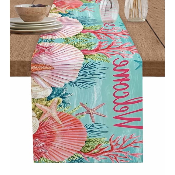 Turquoise Coastal Welcome Table Runner 48 Inches, Ocean Shell Red Coral Bed Runner Dresser Scarves Tabletop for Indoor Outdoor Parties/Ceremony/Banquet, 13" x 48"