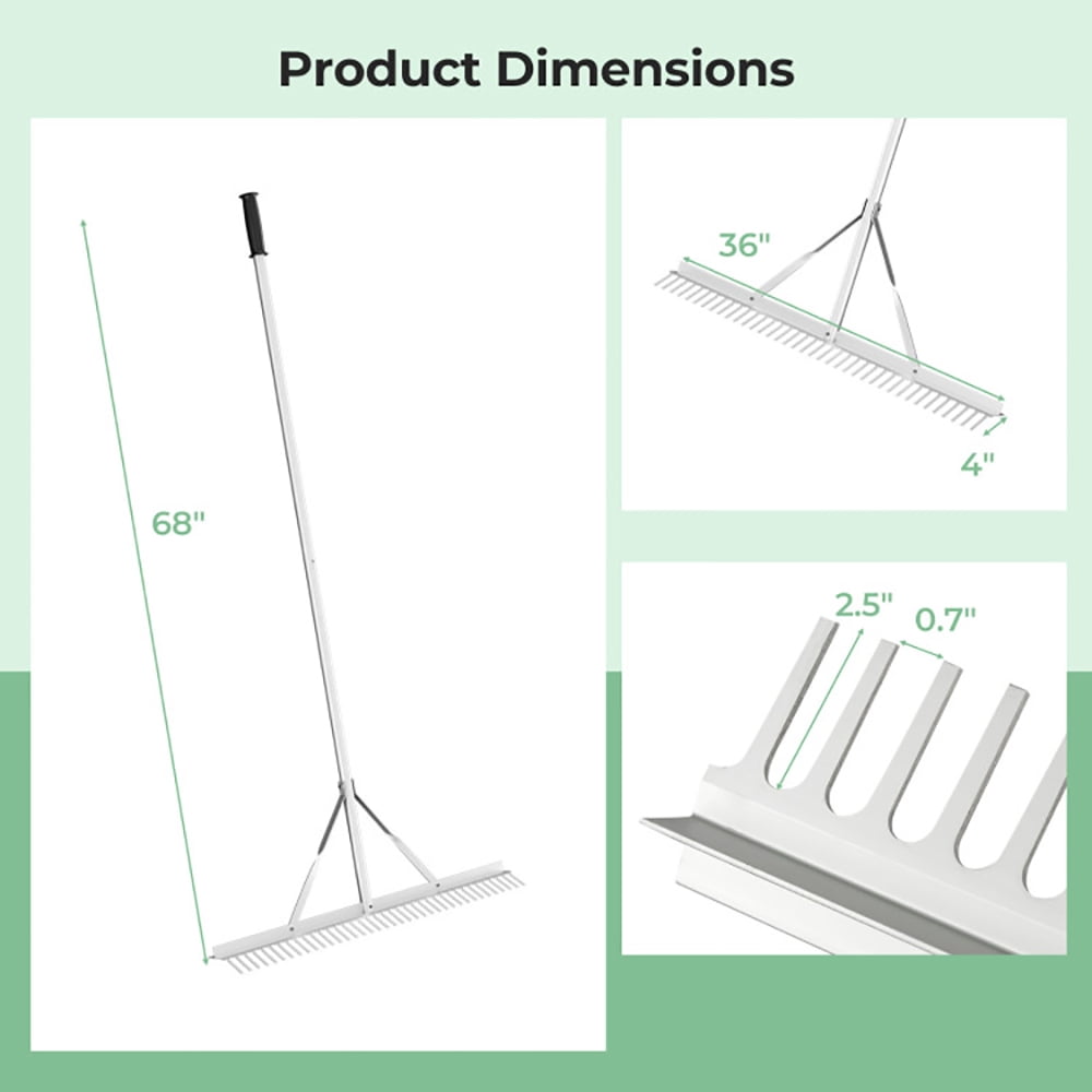 Yardi Yard Aluminum Rake with 36" Wide Rake Head and 68" Long Handle, Rolling Lawn Aerator, Rotary Spike Lawn Aerator