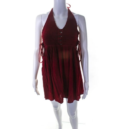 

Pre-owned|Tiare Hawaii Women s Tie Neck Stretch Mini Flare Dress Red One Size
