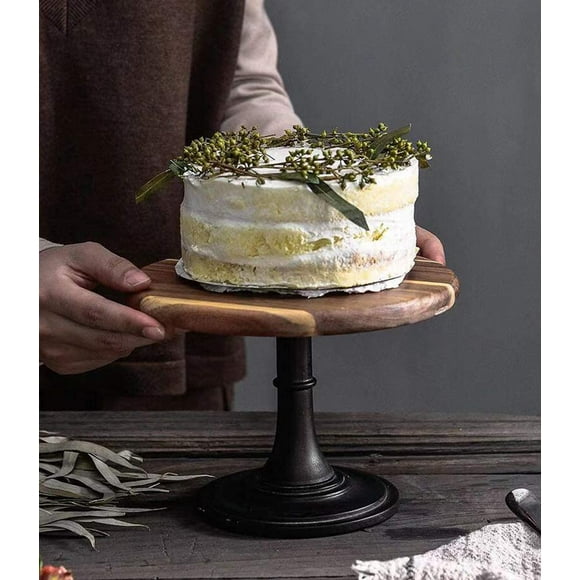 Rustic Cake Stand Wood Cake Dessert Stand with Metal Black Matt Base, 3 Size to Choose, Round Cupcake Holder, Wedding Birthday Party Pedestal Display Plate